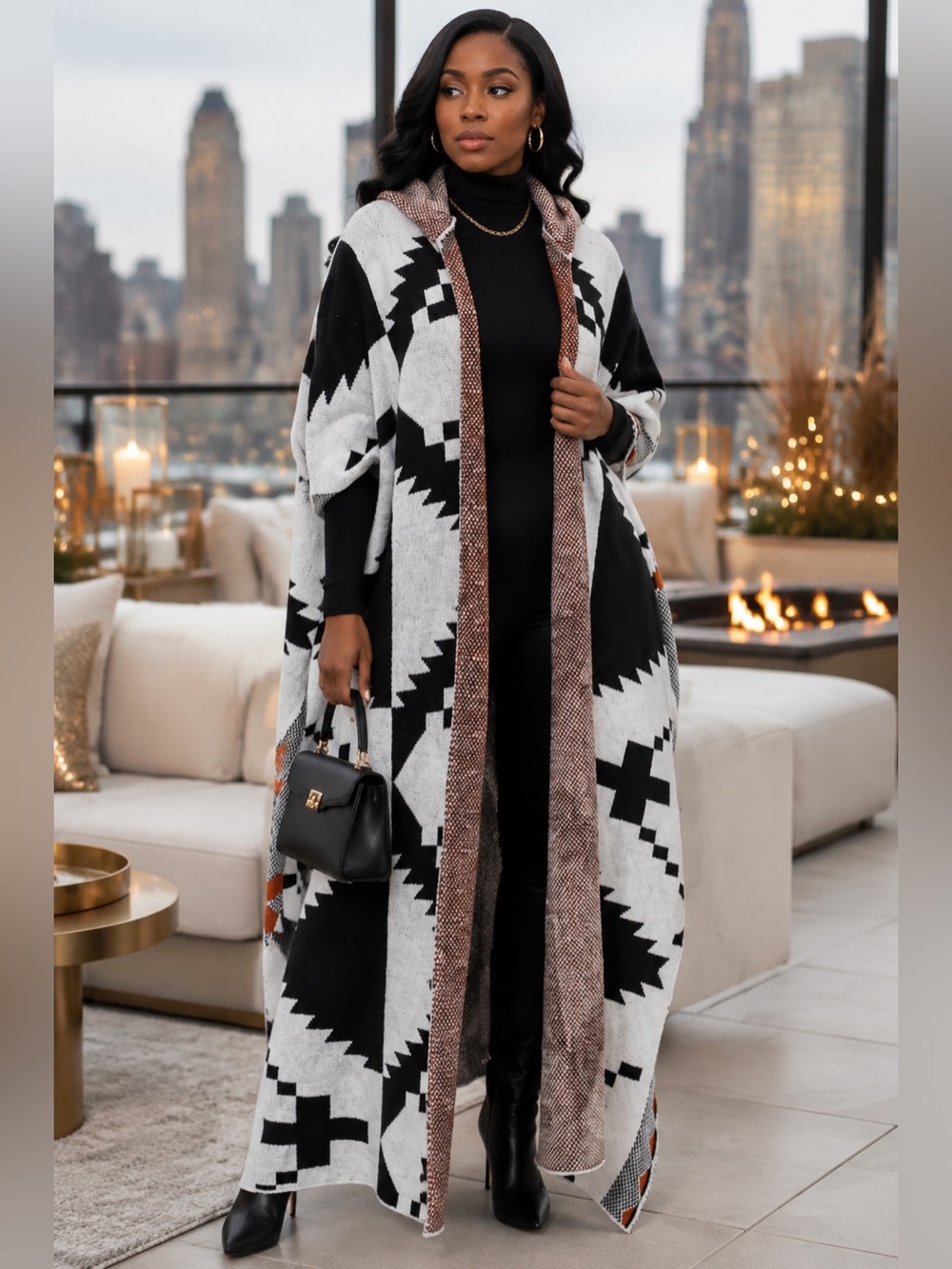 Oversized Aztec Baddie Sweater Hoodie Cardigan